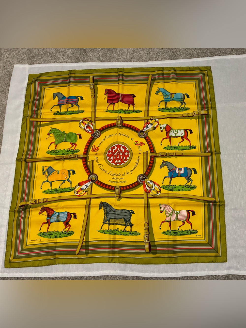 Hermes Silk Scarf Couvertures et Tenues de Jour Yellow with Box Authentic - Picture 2 of 9